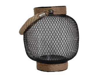 Lantern with glass candle holder inside and rope handle