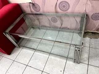 Triple glaze glass tv stand with steel frame