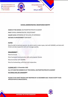 School Administrator/ Receptionist needed