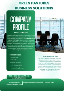 Office stationery; Office Furniture; Computer consumables; Till rolls & Financial Services