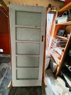 Oregon Pine door ( painted white ) with 5 glass panes.