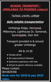 School transport 2026 :Phoenix to Durban North 0643829358