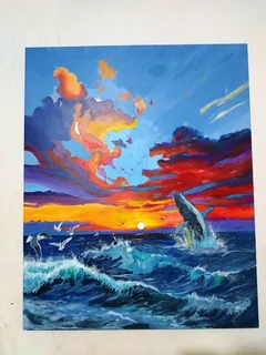 Sunset Ocean Acrylic Painting for sale– Whale & Waves