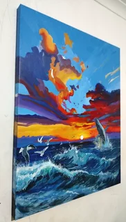 Sunset Ocean Acrylic Painting for sale– Whale &amp; Waves