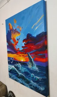 Sunset Ocean Acrylic Painting for sale– Whale &amp; Waves