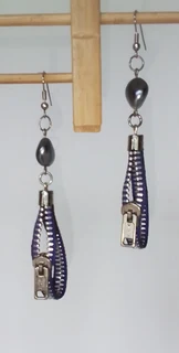 YKK Blue Zipper and Bead Dangle Earrings
