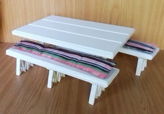 Barbie Fashion Dolls Furniture - White Wood Table with Benches and Cushions - Waterproofed