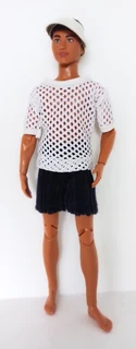 Ken Barbie Male Fashion Doll Clothes - White Top, Leather Peak Cap and Blue Shorts