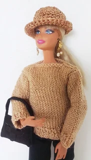 Barbie Fashion Dolls Clothes - Knitted Top, Long Pants, Leather Handbag, Crochet Hat and Earrings