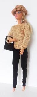 Barbie Fashion Dolls Clothes - Knitted Top, Long Pants, Leather Handbag, Crochet Hat and Earrings
