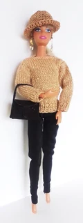 Barbie Fashion Dolls Clothes - Knitted Top, Long Pants, Leather Handbag, Crochet Hat and Earrings