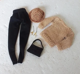 Barbie Fashion Dolls Clothes - Knitted Top, Long Pants, Leather Handbag, Crochet Hat and Earrings