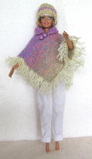 Barbie Fashion Dolls Clothes - Knitted Poncho, Hat and White Denim Long Pants