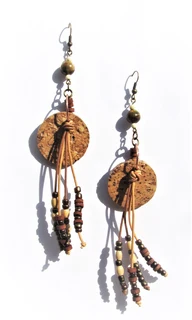 Tigers Eye Gemstones, Wood, Cork and Leather Earrings