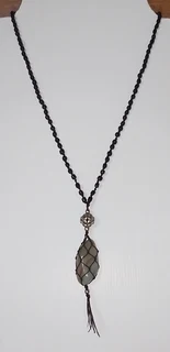 Netted Jasper Gem Stone Pendant with Knotted Bead Necklace