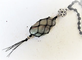 Netted Jasper Gem Stone Pendant with Knotted Bead Necklace