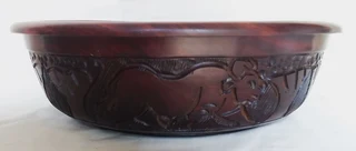 Vintage - Large Hand Carved African Solid Wood Center piece or Fruit Bowl with Animal carvings.