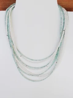 8 Strand White and Aqua Greenish Blue Twisted Beaded Necklace