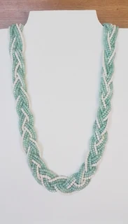 Plaited White and Aqua Greenish Blue Beaded Necklace
