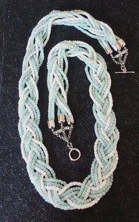 Plaited White and Aqua Greenish Blue Beaded Necklace