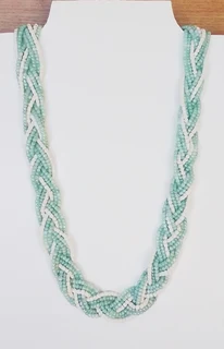 Plaited White and Aqua Greenish Blue Beaded Necklace