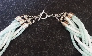 Plaited White and Aqua Greenish Blue Beaded Necklace