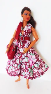 Curvy Barbie Fashion Dolls Clothes - Maroon Dress, Leather Handbag, Belt, Necklace & Earrings