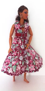 Curvy Barbie Fashion Dolls Clothes - Maroon Dress, Leather Handbag, Belt, Necklace &amp; Earrings