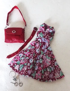 Curvy Barbie Fashion Dolls Clothes - Maroon Dress, Leather Handbag, Belt, Necklace &amp; Earrings