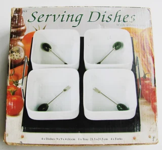 Vintage - HOME COLLECTION - 4 Serving Dishes with Wood Tray and Forks