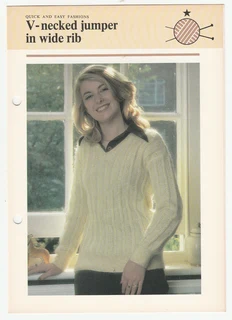 Woman's V-Necked Jumper in Wide Rib - Knitting Pattern - Crafts