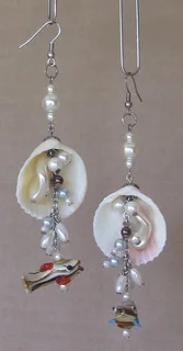 Handcrafted Handmade Natural Shell, Faux Pearl and Fish Drop and Dangle Earrings