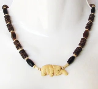 Hand Carved Bison Bone Elephant with Coconut Shell, Wood and Quill Bead Necklace