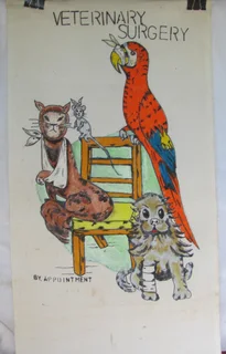 Hand Painted Vintage Fabric Painting - Veterinary Surgery Sign for DIY Projects - Crafts
