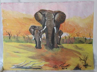3 Elephants at Sunset - Acrylic Painting - 2016