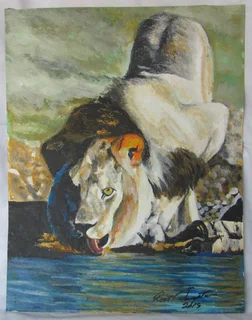 Lion Drinking Water at a Waterhole - Acrylic Painting - 2015