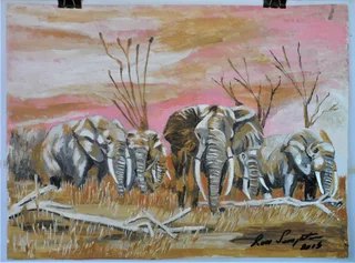 Elephants at Watering Hole - Acrylic Painting - 2015