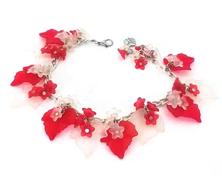 Red and White Lucite Flower and Leaf Ankle Chain / Bracelet / Anklet