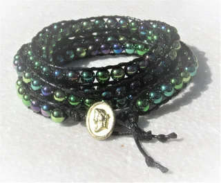 Black and Green Pearl Bead Wrap Bracelet
