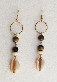 Tigers Eye Gemstone, Bison Bone and Cowrie Shell Earrings