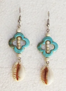 Blue and White Turquoise Gemstone and Cowrie Shell Earrings