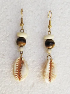 Cowrie Shell, Tigers Eye Gemstone and Bison Bone Earrings