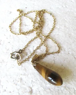 Vintage 1950's Tigers Eye Gemstone Pendant and Chain Necklace