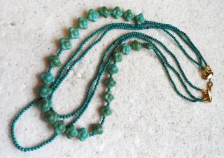 3 Strand Turquoise Gemstone and Vintage Glass Bead Necklace
