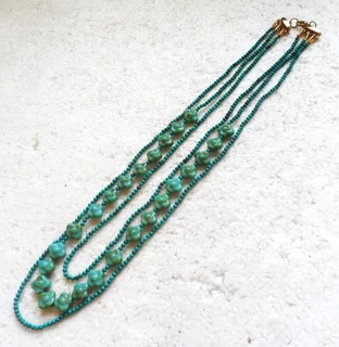 3 Strand Turquoise Gemstone and Vintage Glass Bead Necklace