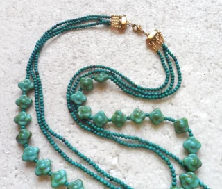 3 Strand Turquoise Gemstone and Vintage Glass Bead Necklace