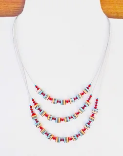 3 Strand Red and Blue Striped Glass Cube Bead Floating Necklace