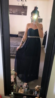 Midnight boob tube matric evening gown with rhinestone belt & slits on either side.