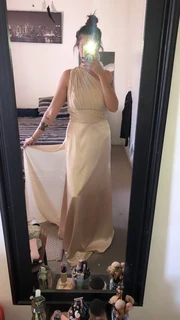 Champagne off the shoulder matric evening gown with rhinestones &amp; corset train at the back.