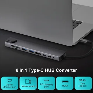 Multi-functional 8-in-1 USB-C Adapter Hub Docking Station